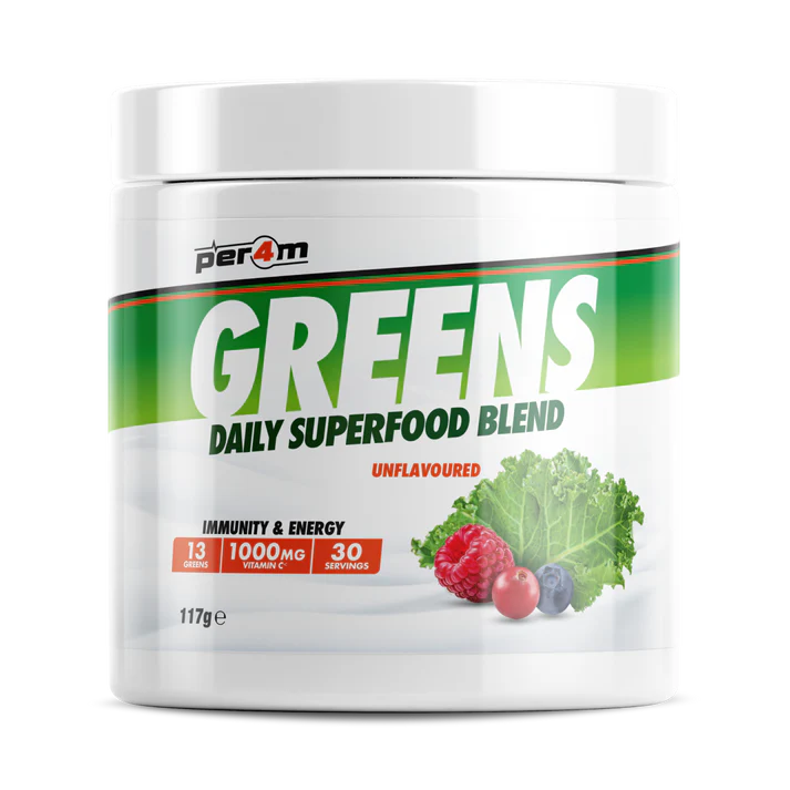 Greens supplement powder jar, white lid, unflavoured label with green accents