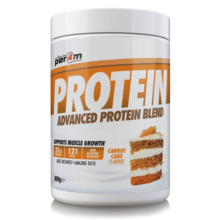 Per4m Advanced Whey Protein Blend tub, carrot cake flavor, 800g