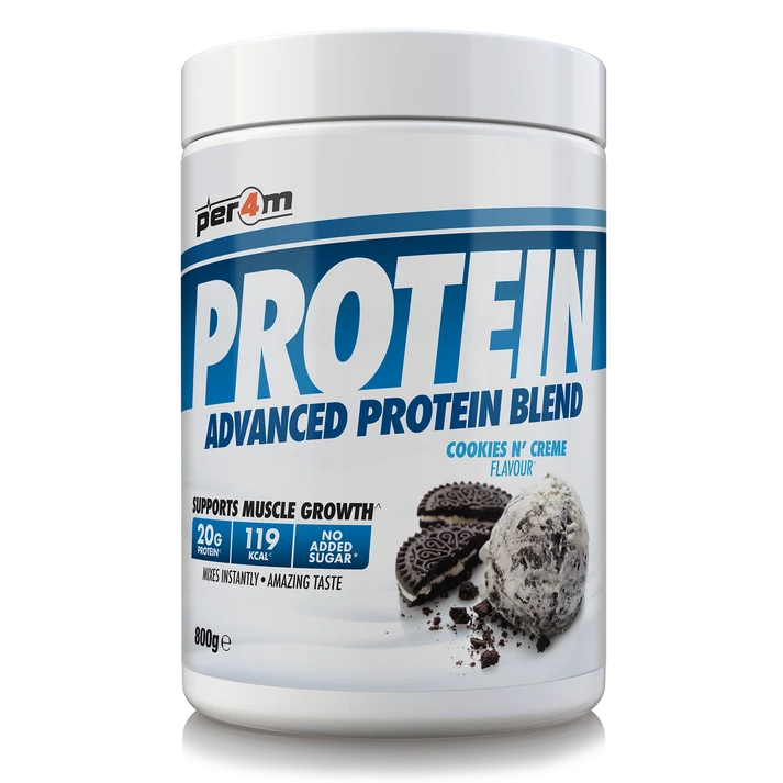 Per4m Advanced Whey Protein Blend tub, cookies and cream flavor, 800g