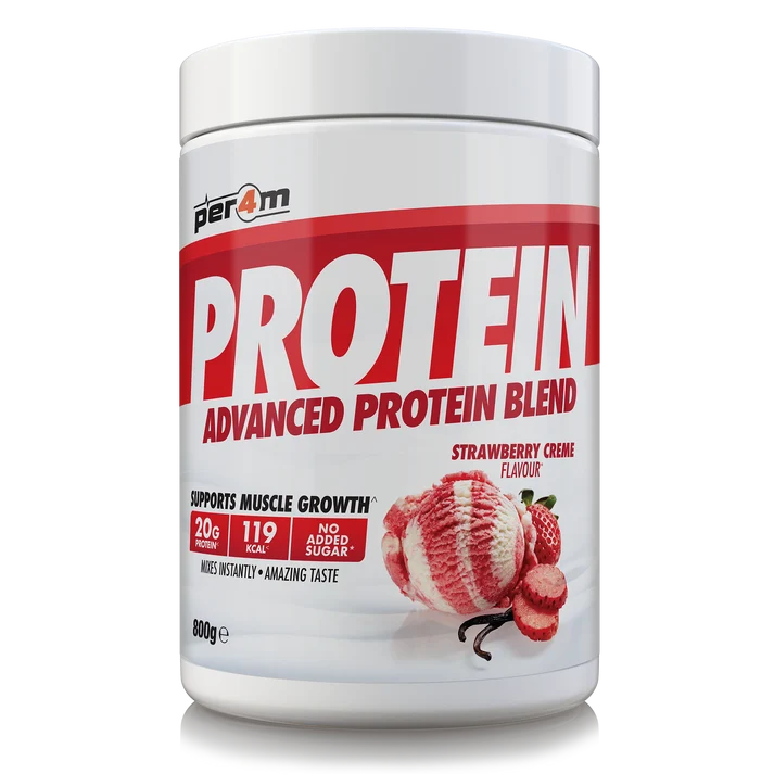 Per4m Advanced Whey Protein Blend tub, strawberry creme flavor, 800g