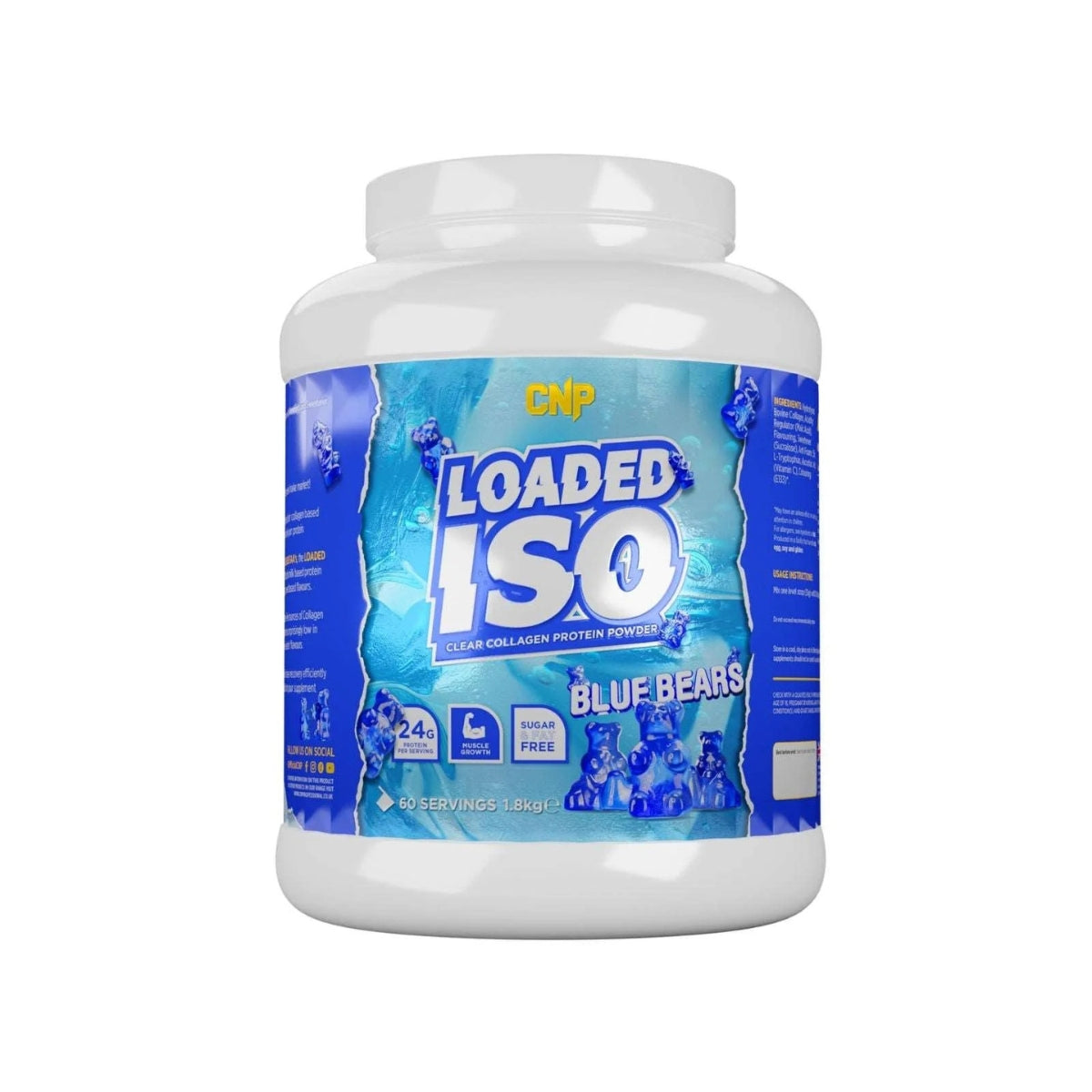 CNP Loaded ISO collagen protein powder Blue Bears flavor in white container