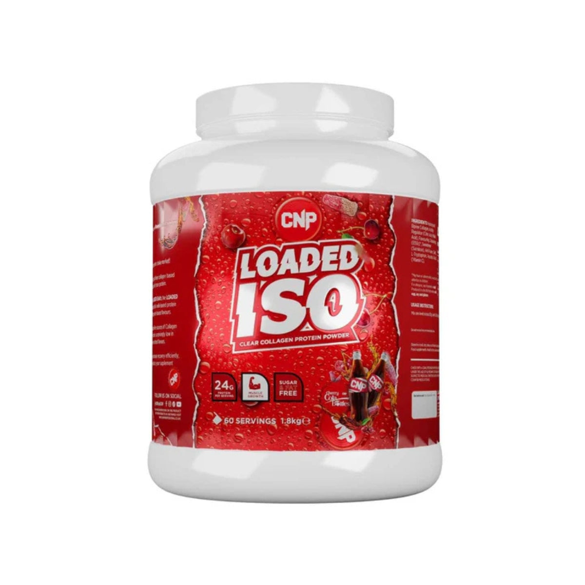CNP Loaded ISO collagen protein powder in red and white container with 60 servings
