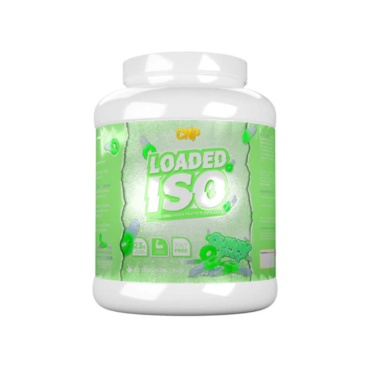 CNP Loaded ISO collagen protein powder in green packaging with 23 grams protein per serving