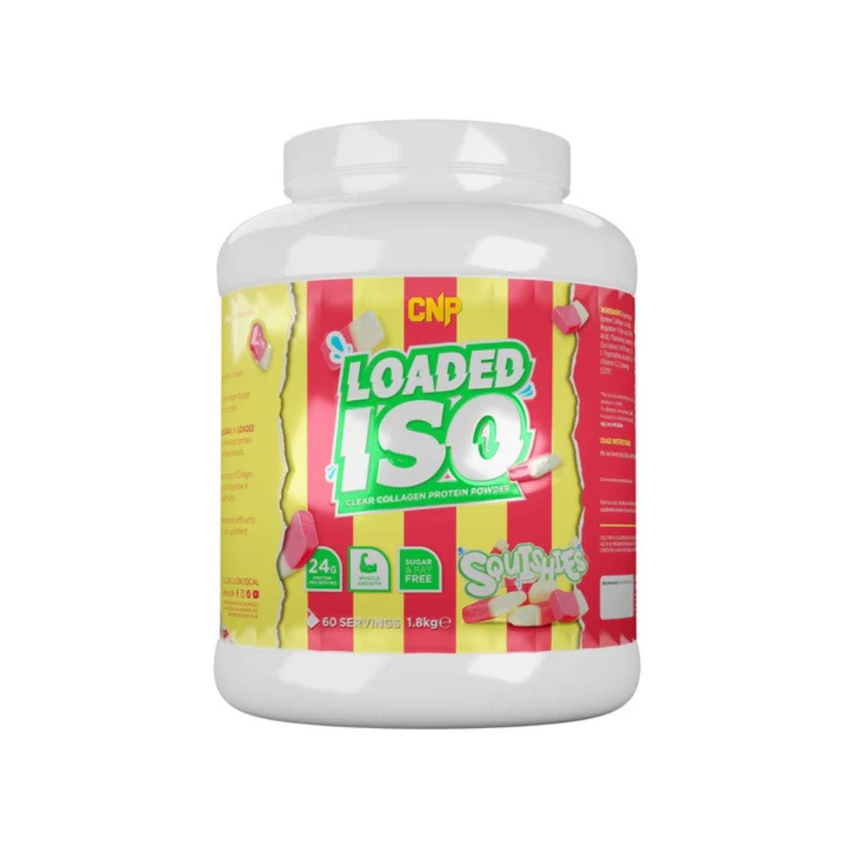 CNP Loaded ISO collagen protein powder in a white container with colorful label and 60 servings