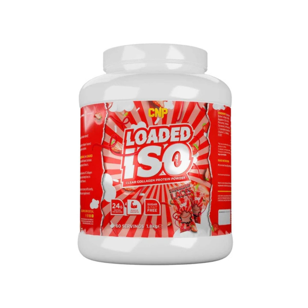 CNP Loaded ISO collagen protein powder container with 24 grams protein per serving in red label packaging