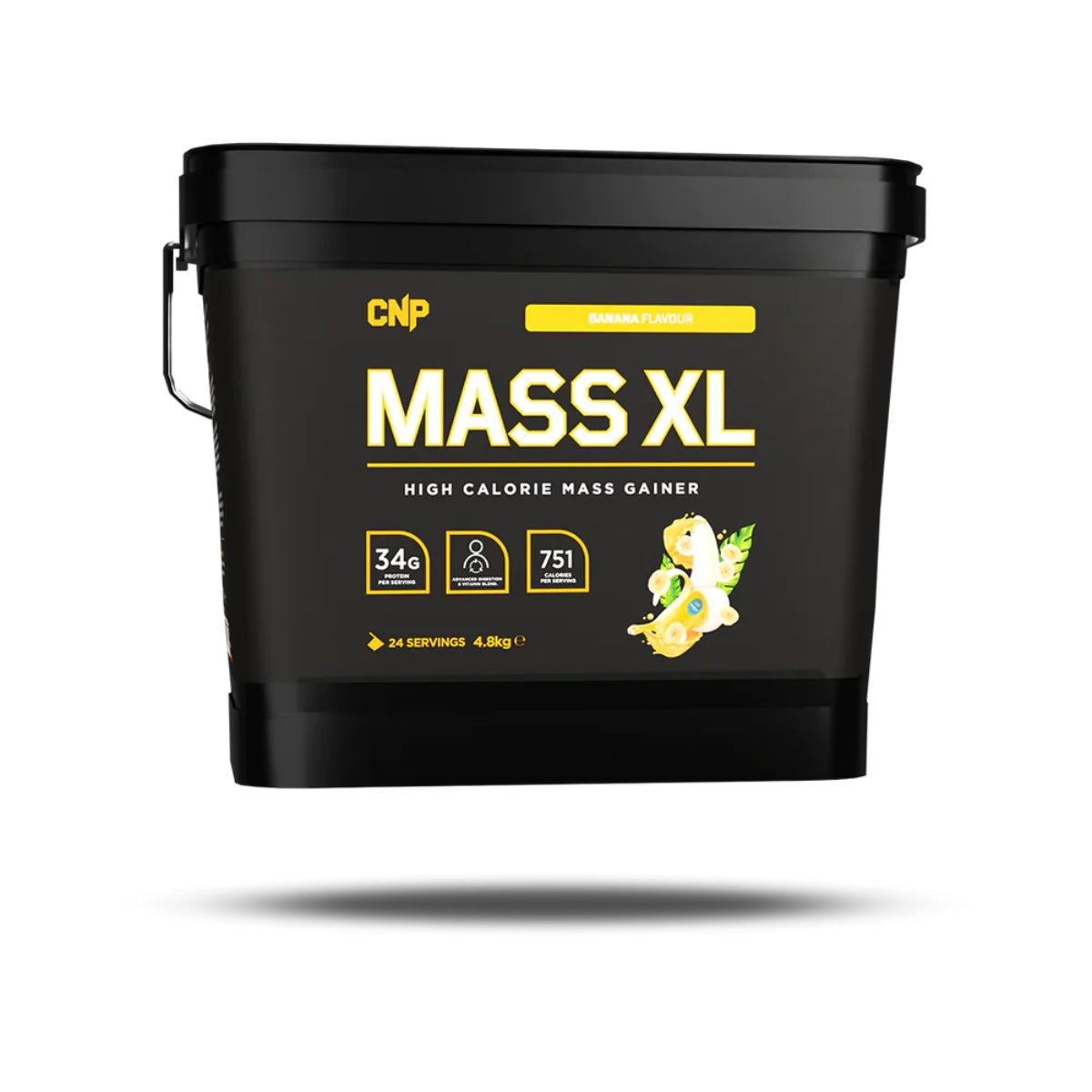 CNP Mass XL high calorie mass gainer in black container with banana flavor 4.8kg
