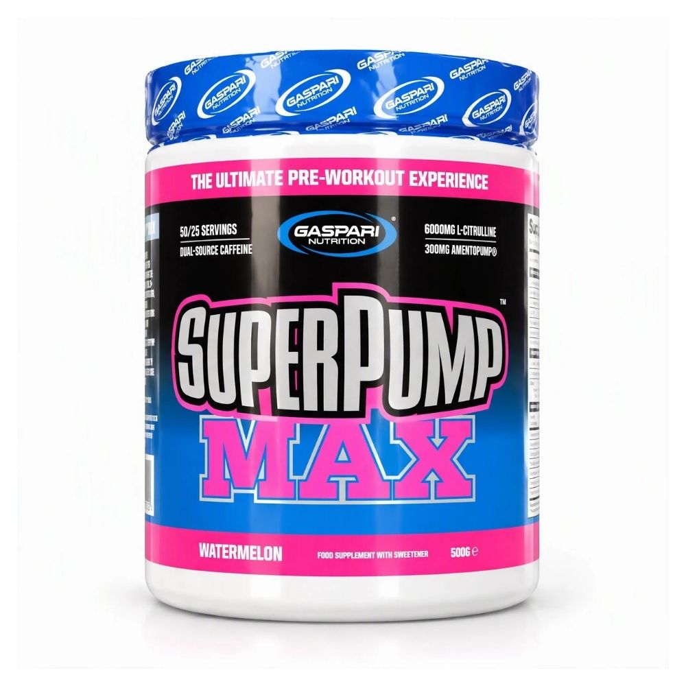 Pre-workout supplement tub in blue and pink, Watermelon flavor