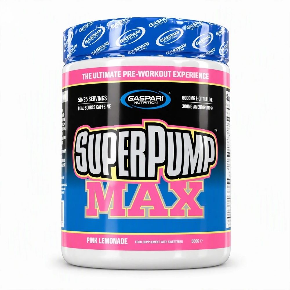 Pre-workout supplement tub in blue and pink, Pink Lemonade flavor