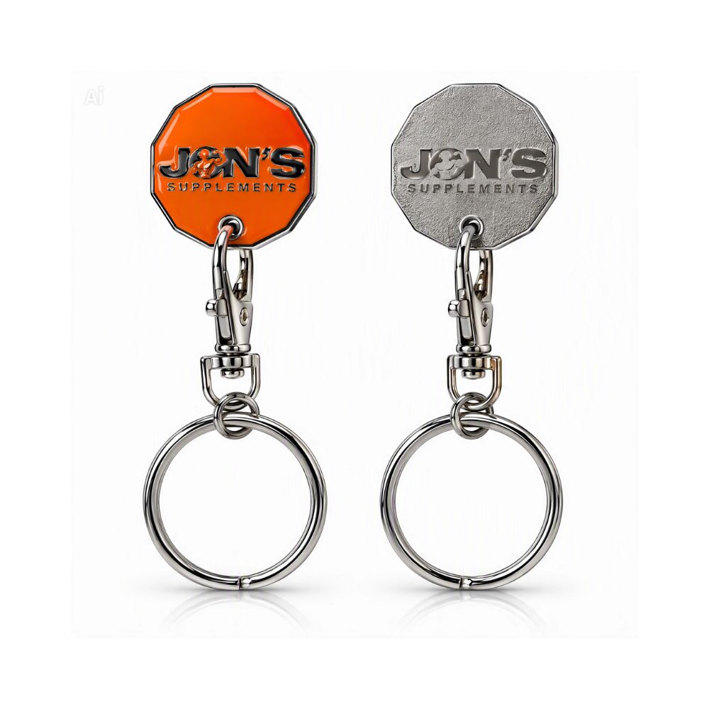 Metal coin keyring with octagon logo, orange and gray, carabiner and split ring