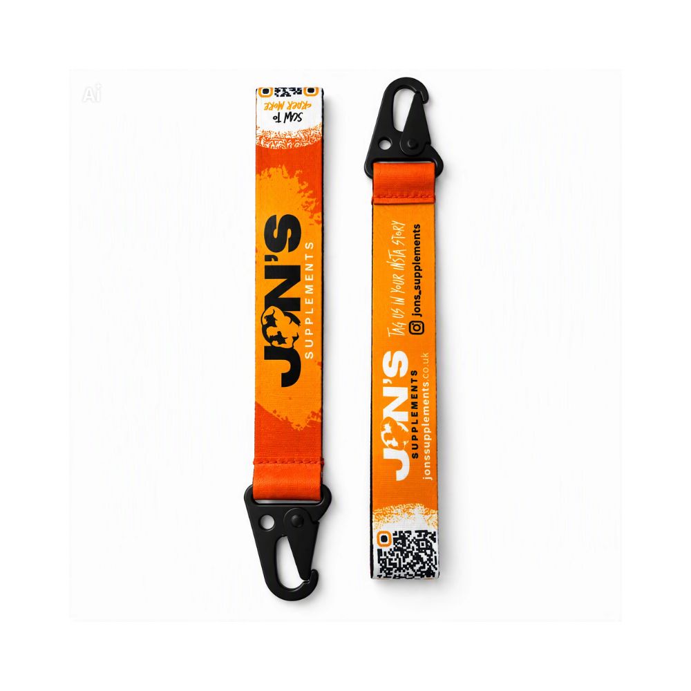 Orange branded lanyard with black plastic keychain clip and back strap