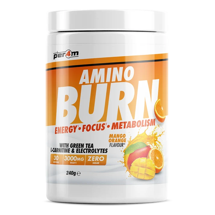 Per4m Amino Burn 240g tub, orange mango flavor label with mango pieces illustration
