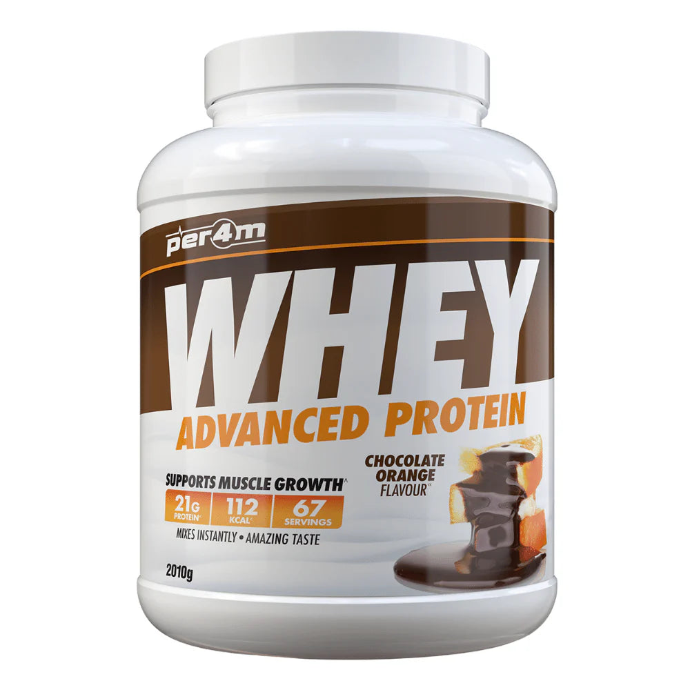 Per4m whey protein powder advanced chocolate orange flavor supports muscle growth 2010g