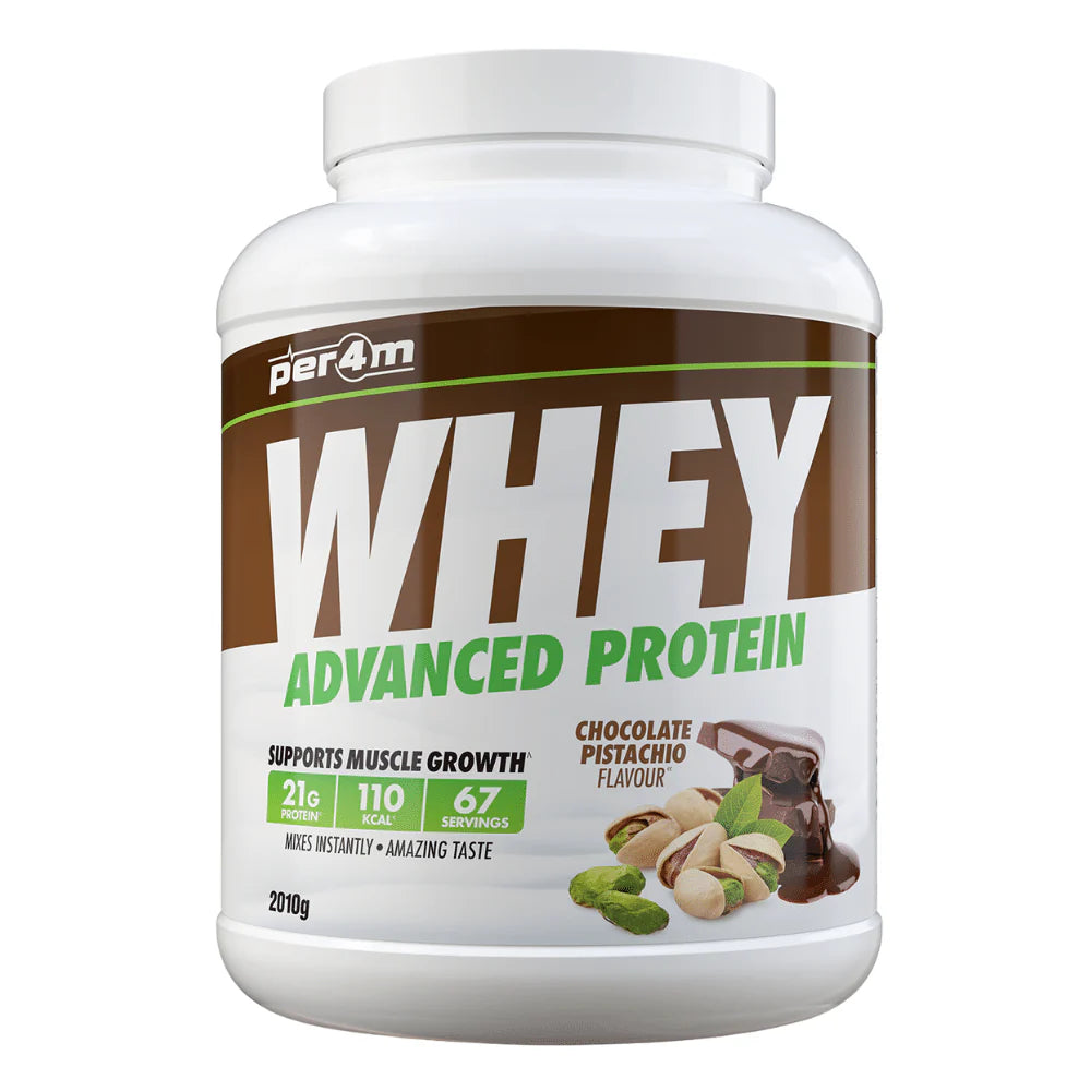 Per4m whey protein powder chocolate pistachio flavor supports muscle growth 2010g container