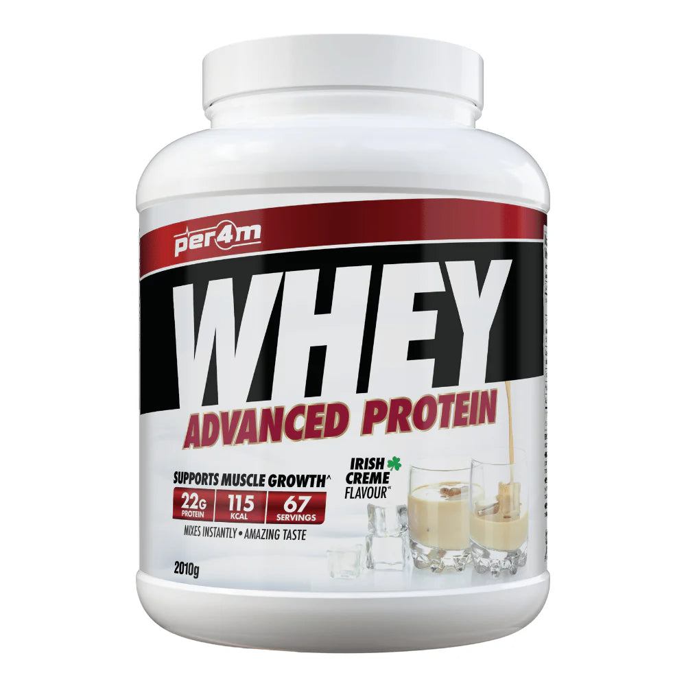Per4m whey protein powder container Irish Crème flavor supports muscle growth 22g protein per serving