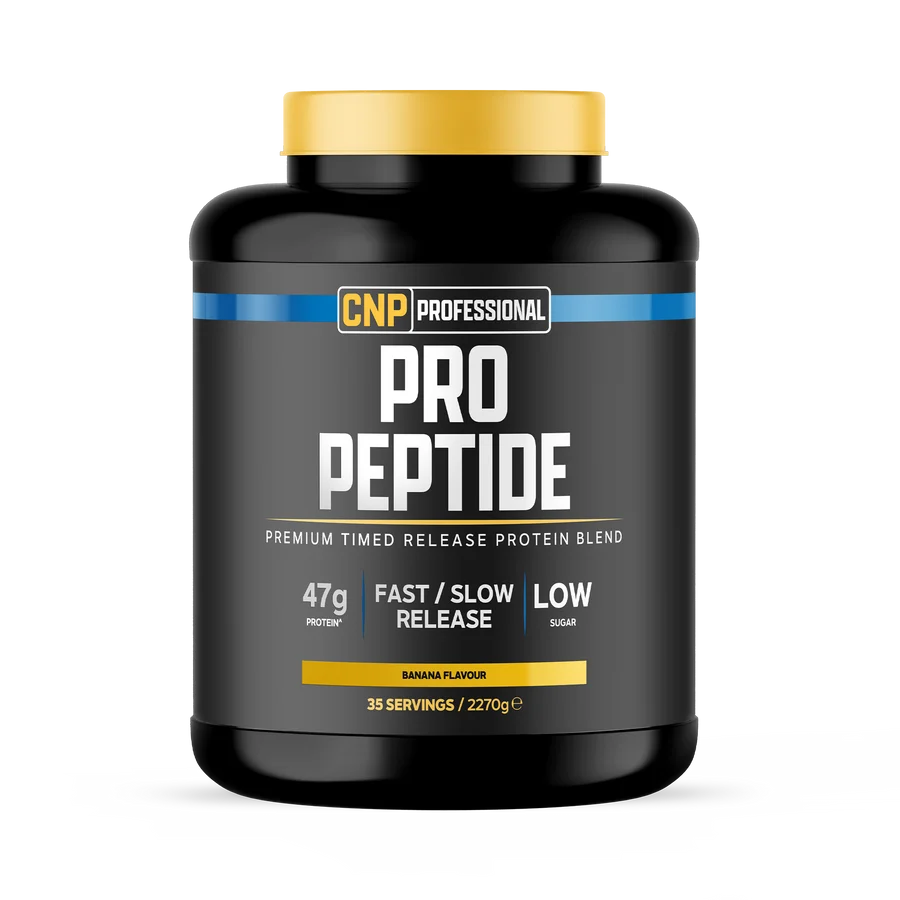 Banana-flavour protein blend tub, black container with gold lid and yellow stripe label.