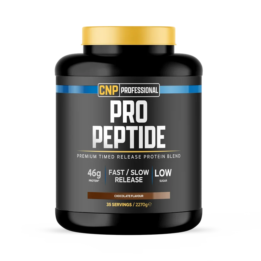 Chocolate-flavour protein blend tub, black container with gold lid and brown stripe label.