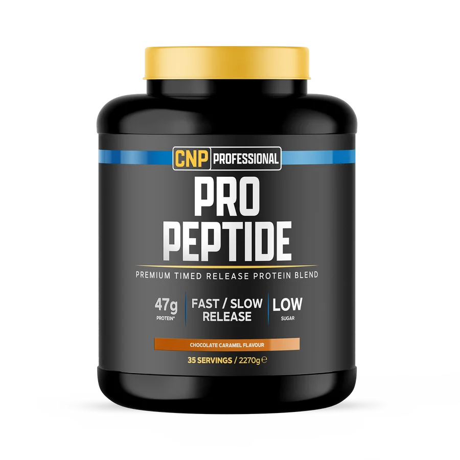Chocolate caramel-flavour protein blend tub, black container with gold lid and orange stripe label.