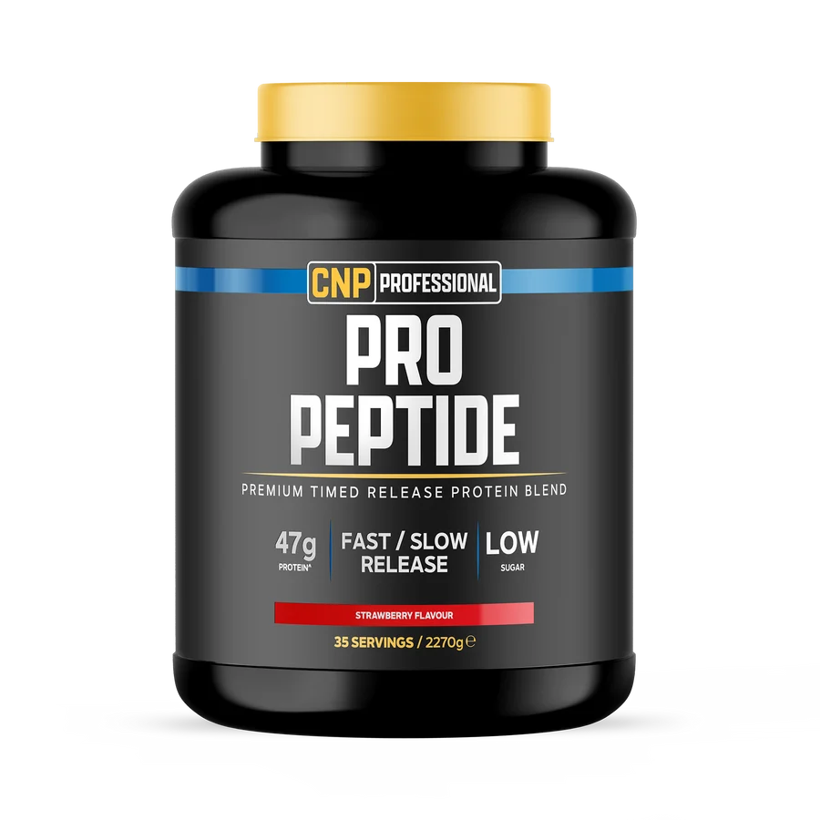 Strawberry-flavour protein blend tub, black container with gold lid and red stripe label.
