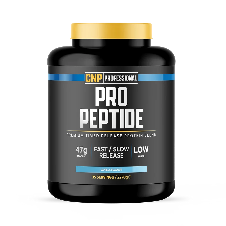 Vanilla-flavour protein blend tub, black container with gold lid and blue stripe label.