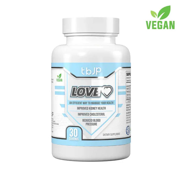 White supplement bottle with t.b.jp Love heart logo and vegan badge