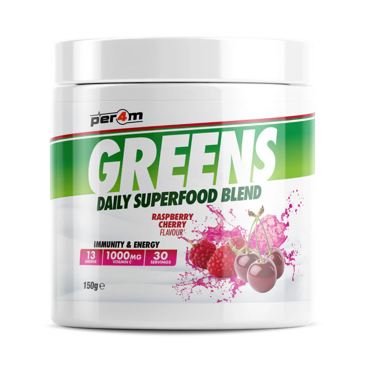 Greens supplement powder jar, white lid, Raspberry Cherry flavour label