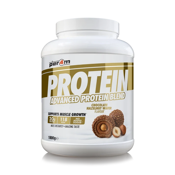 Per4m Advanced Whey Protein Blend tub in chocolate hazelnut wafer flavor, 1.8 kg