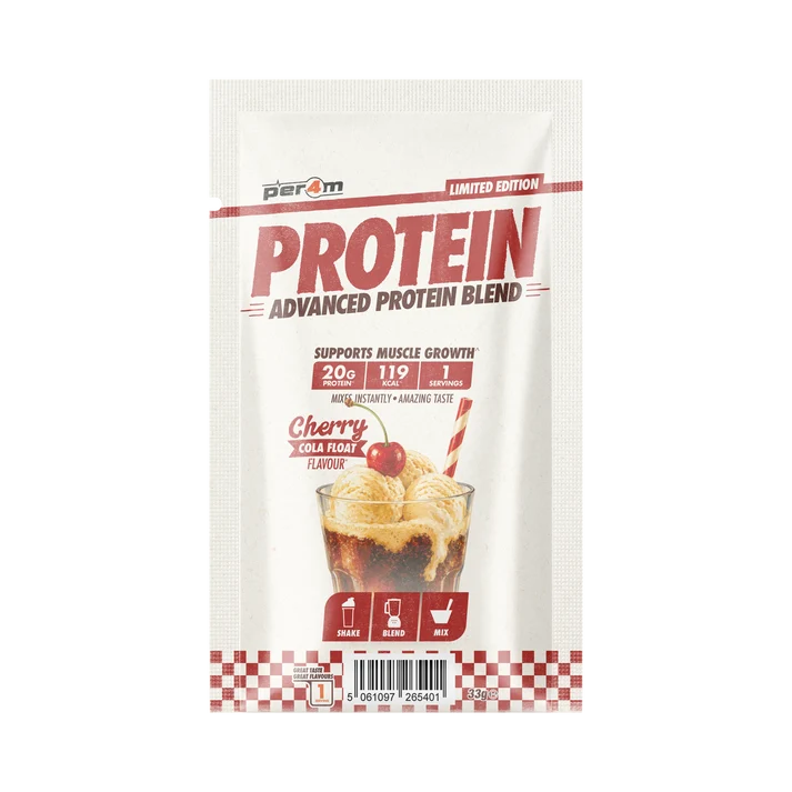 Per4m whey protein blend sample sachet, Cherry Cola Float flavor, 33 g