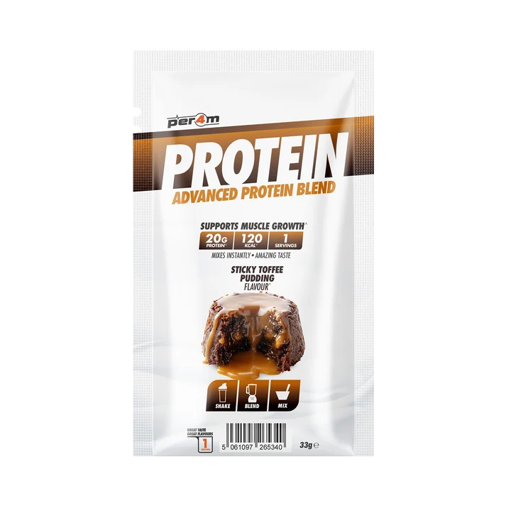 Per4m whey protein blend sample sachet, Sticky Toffee Pudding flavor, 33 g
