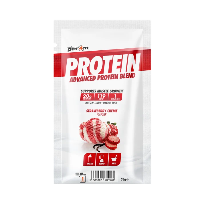 Per4m whey protein blend sample sachet, Strawberry Creme flavor, 33 g