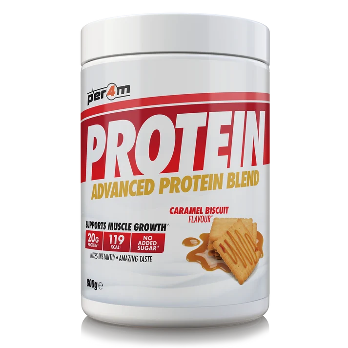 Per4m Advanced Whey Protein Blend tub, caramel biscuit flavor, 800g