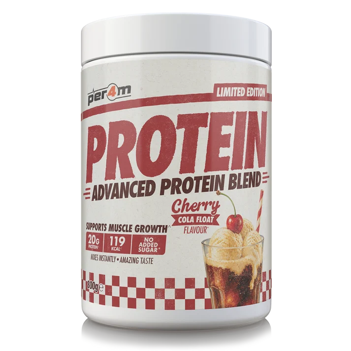 Per4m Advanced Whey Protein Blend tub, cherry cola float flavor, 800g