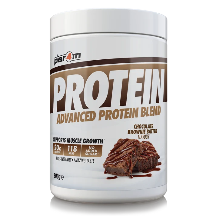 Per4m Advanced Whey Protein Blend tub, chocolate brownie batter flavor, 800g