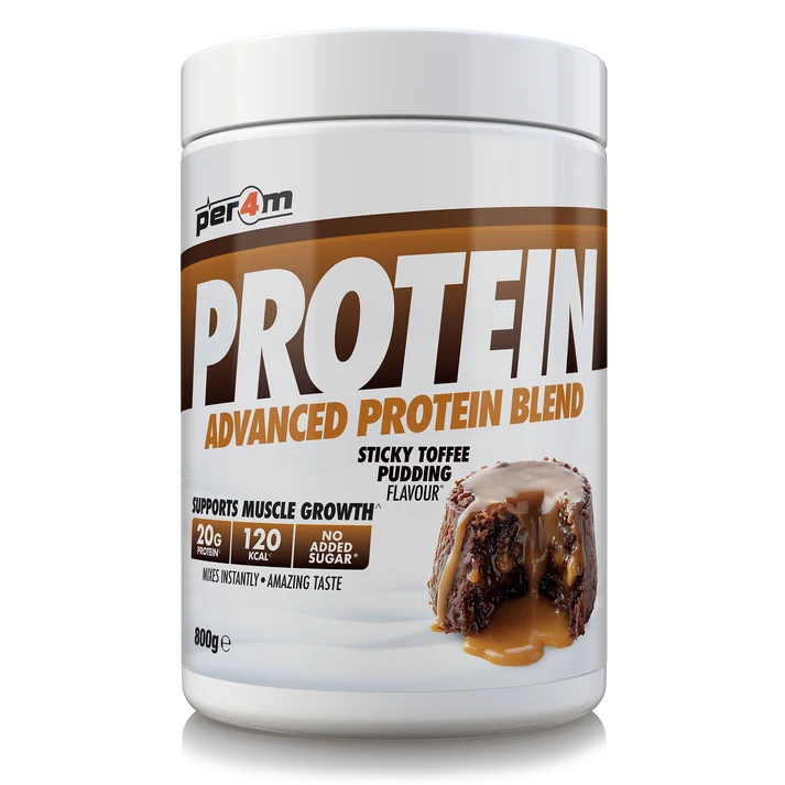 Per4m Advanced Whey Protein Blend tub, sticky toffee pudding flavor, 800g