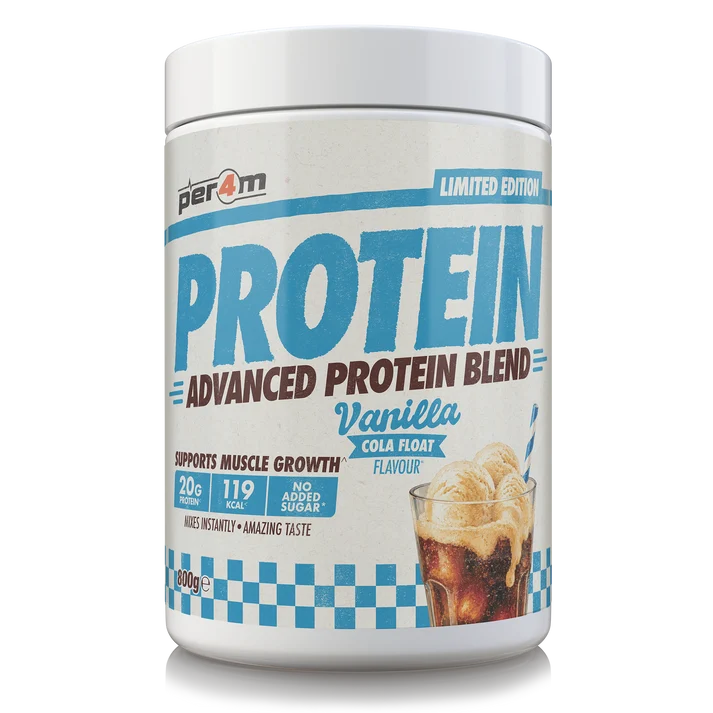 Per4m Advanced Whey Protein Blend tub, Vanilla Cola Float flavour, 800g