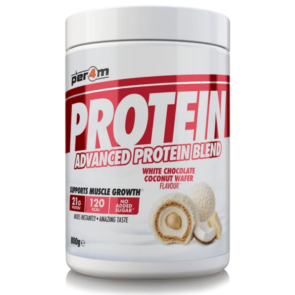 Per4m Advanced Whey Protein Blend tub, White Chocolate Coconut Wafer flavour, 800g