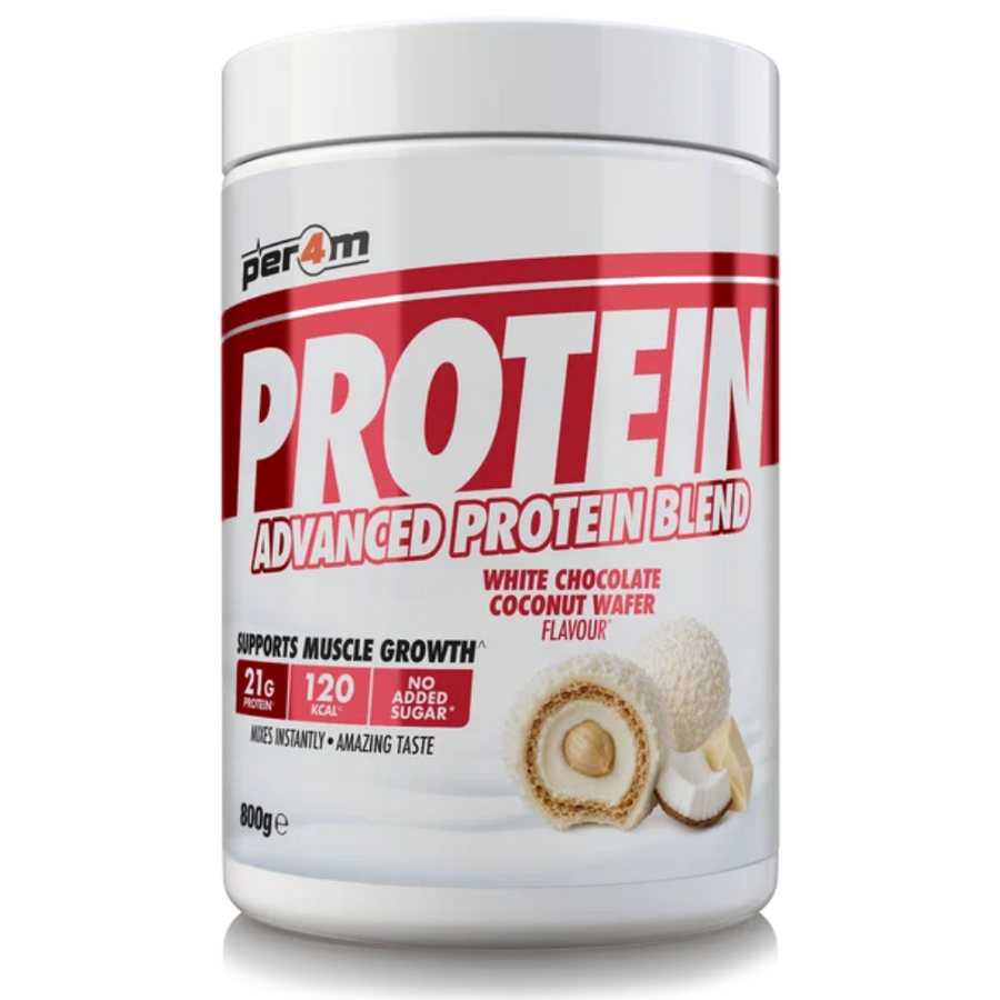 Per4m Advanced Whey Protein Blend tub, White Chocolate Coconut Wafer flavour, 800g