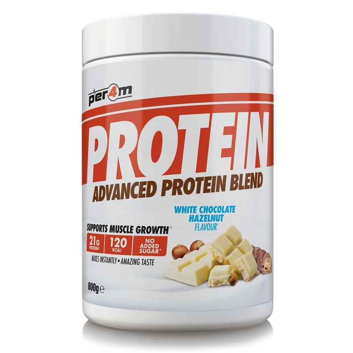 Per4m Advanced Whey Protein Blend tub, white chocolate hazelnut flavor, 800g