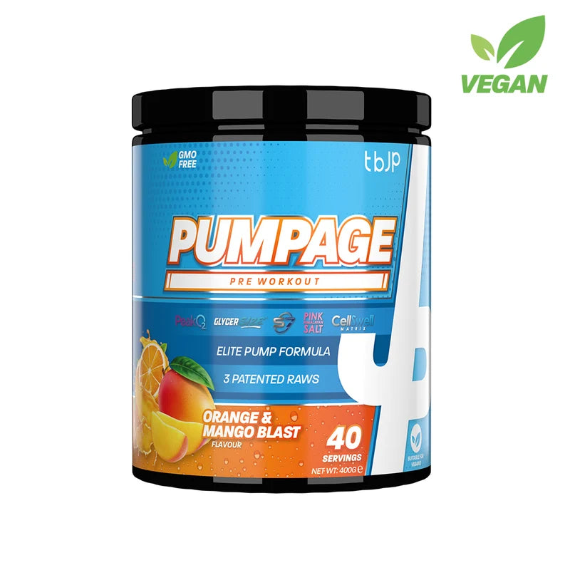 Blue pre workout tub, Pumpage Orange & Mango Blast flavour, 40 servings, 400g