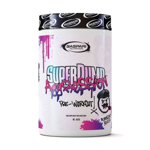 Pre-workout supplement tub, white with purple graphics and black lid
