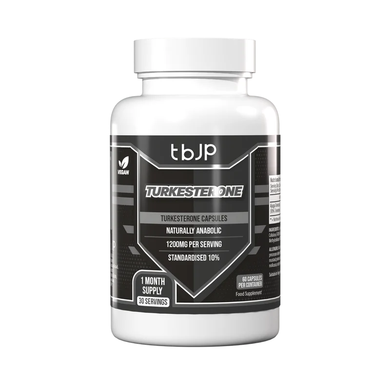 Turkesterone supplement capsules bottle with black-and-white label, 1200mg per serving