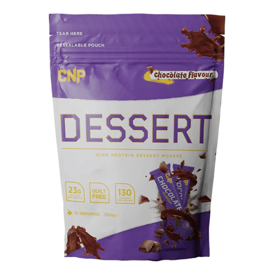 CNP Dessert high protein chocolate flavor mousse pouch with 23 grams protein and guilt free label