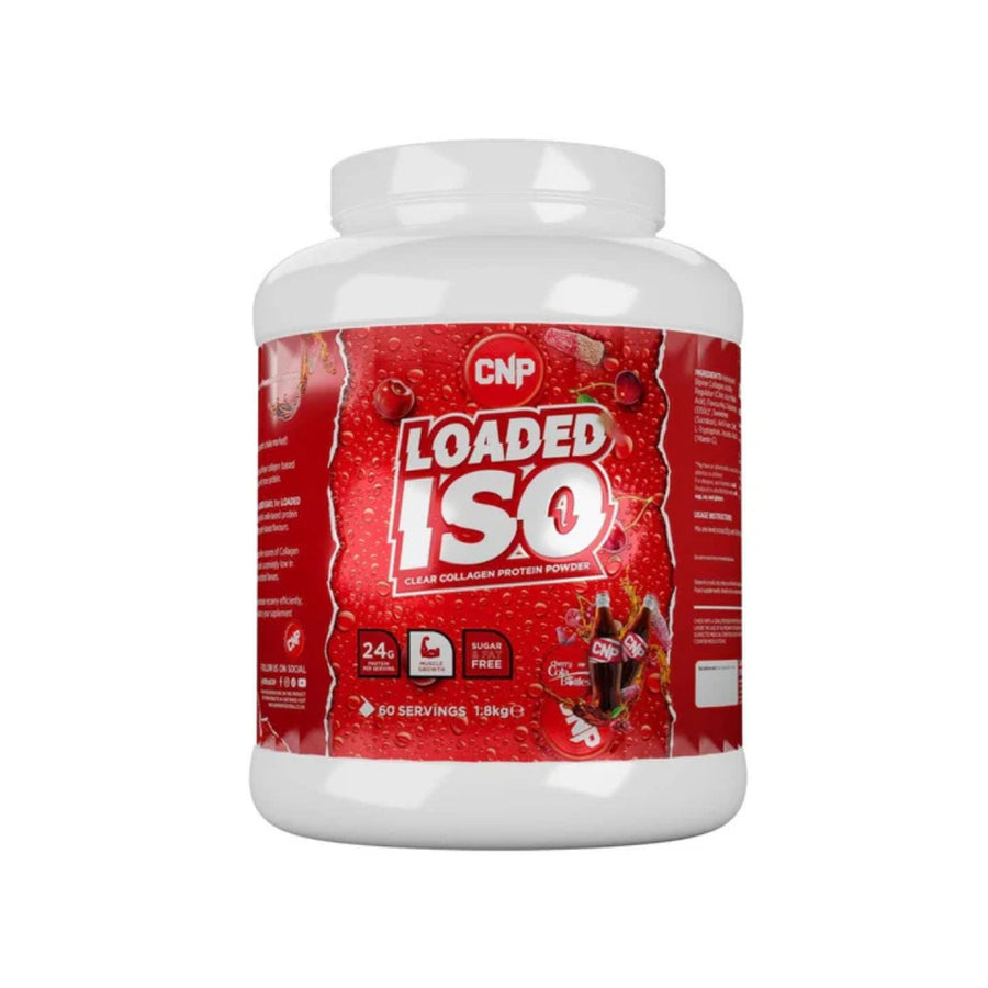 CNP Loaded ISO collagen protein powder in red and white container with 60 servings