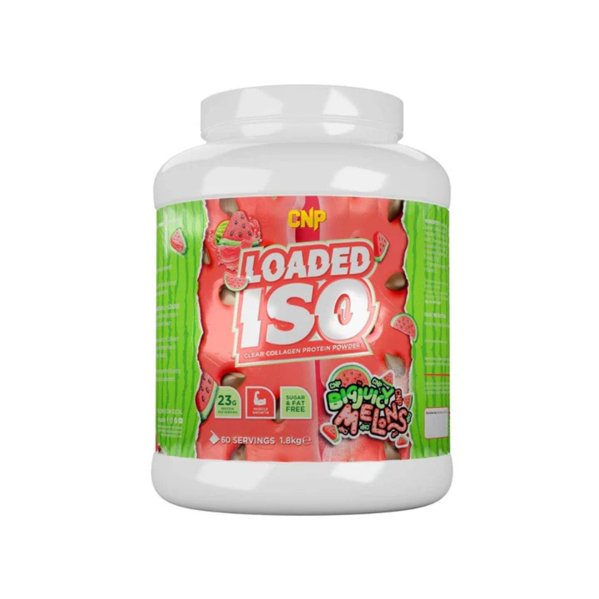 CNP Loaded ISO collagen protein powder in 1.8kg container with watermelon flavor branding