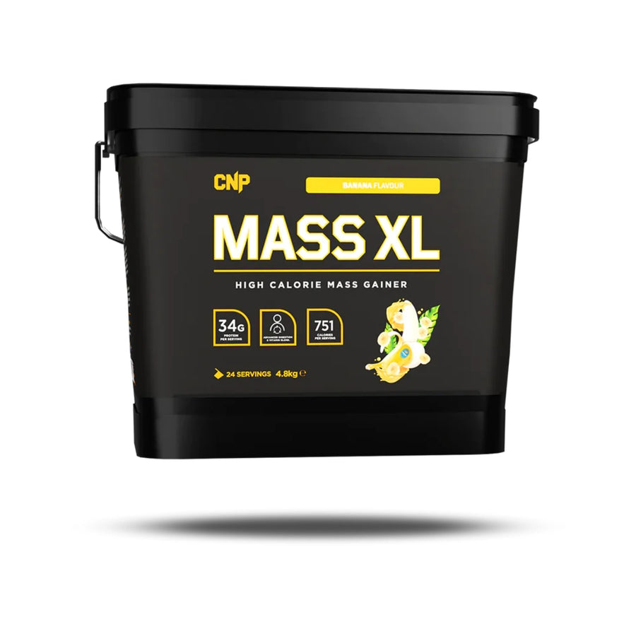 CNP Mass XL high calorie mass gainer in black container with banana flavor 4.8kg
