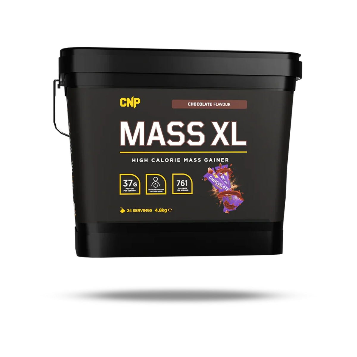 CNP Mass XL chocolate flavor high calorie mass gainer tub with 37 grams protein and 761 calories