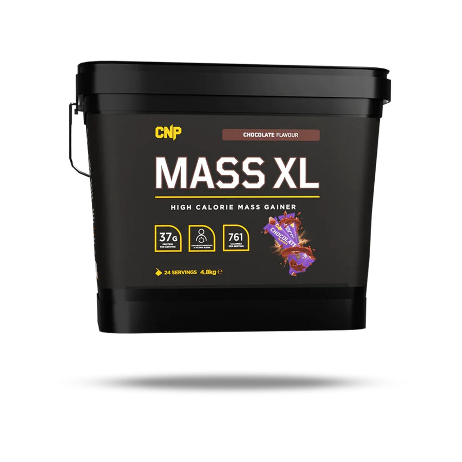 CNP Mass XL chocolate flavor high calorie mass gainer tub with 37 grams protein and 761 calories