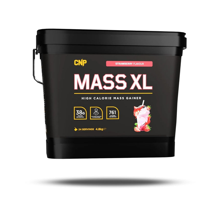 CNP Mass XL strawberry flavor high calorie mass gainer container with 38 grams protein per serving