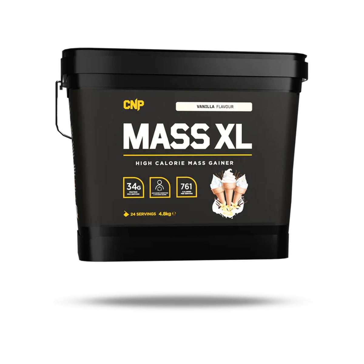 CNP Mass XL vanilla flavor high calorie mass gainer tub with 34g protein per serving