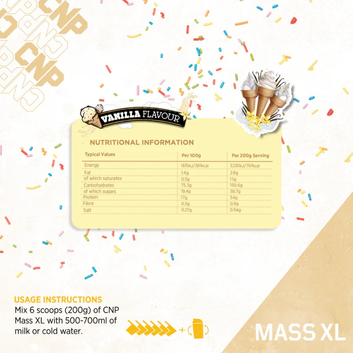 CNP Mass Vanilla flavor mass gainer nutritional information and usage instructions on confetti background