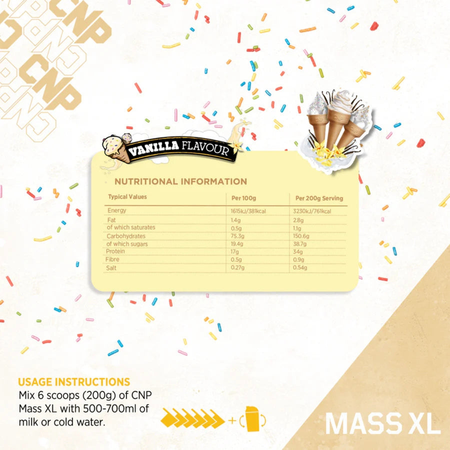 CNP Mass Vanilla flavor mass gainer nutritional information and usage instructions on confetti background
